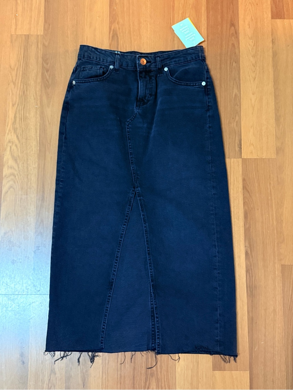 H&M Black Denim Midi Pencil Skirt with Front Vent